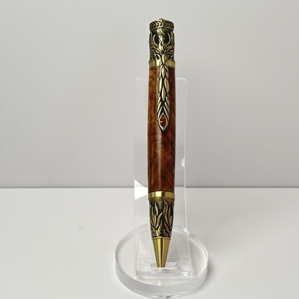 Hand Turned Brown Eucalyptus Burl Wood, Phoenix Rising from the Ashes Themed Pen
